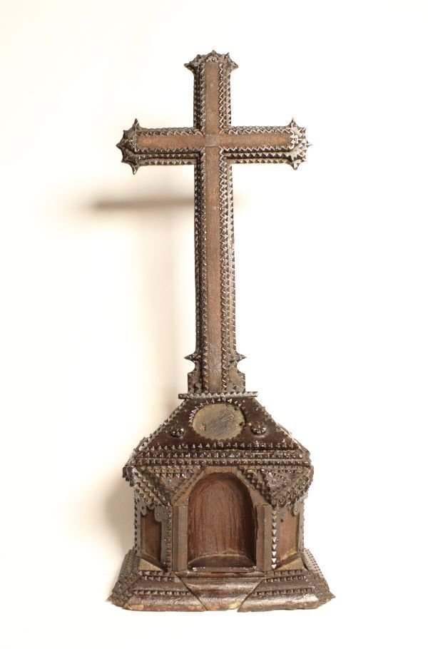  Kruis - Hout, Canvas, Metaal - 1850-1900 - Tramp art cross/shrine - 44 cm  #1.0