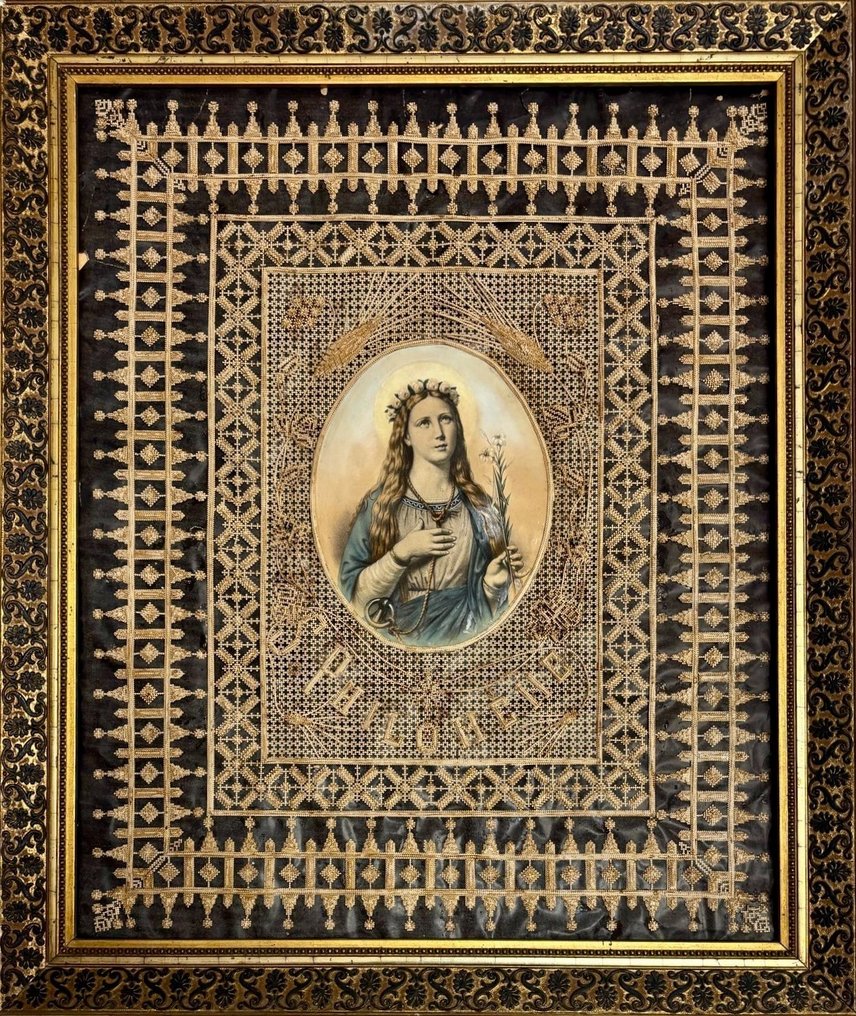 Corniche avec oleographie de S. Filomena - 43 x 53 cm - Composite, Bois, Textile - 1850-1900 #1.0