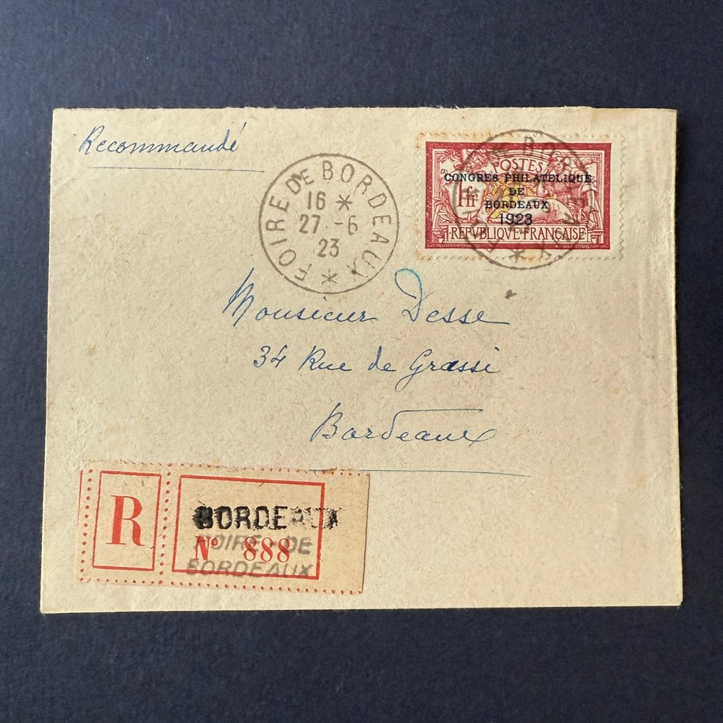 法國  - Yvert 182 ‘波尔多1923展览’已盖销，贴在信件上 #1.0