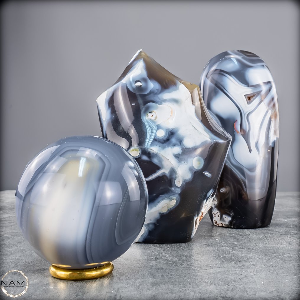 Φυσικό Orca Achat. Σετ από φλόγα, ελεύθερο σχήμα και σφαίρα.- 1550.66 g - (3) #1.0