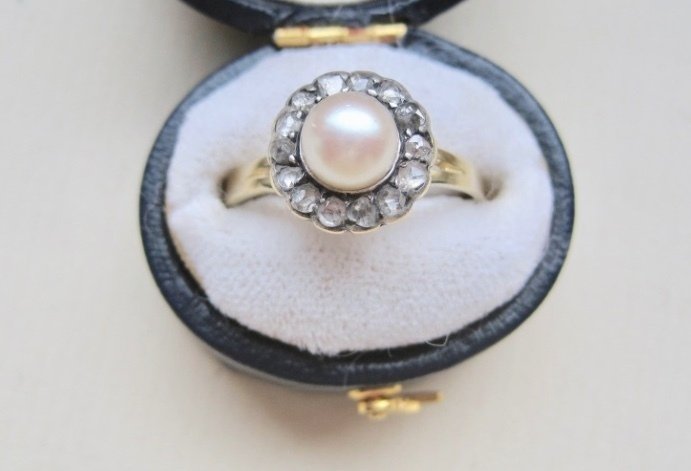 χωρίς τιμή ασφαλείας - Δαχτυλίδι - 14 καράτια Κίτρινο χρυσό Μαργαριτάρι - Διαμάντι - Antiek #1.0