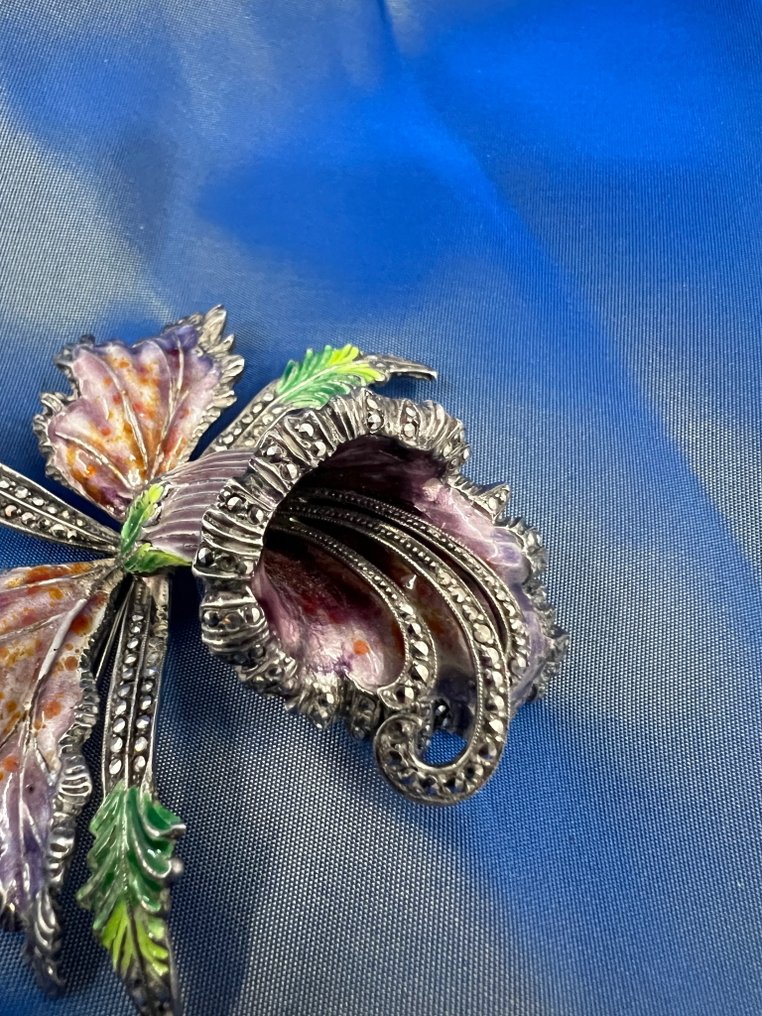Sølv, emalje - Broche - Stor blomsterbroche #3.2