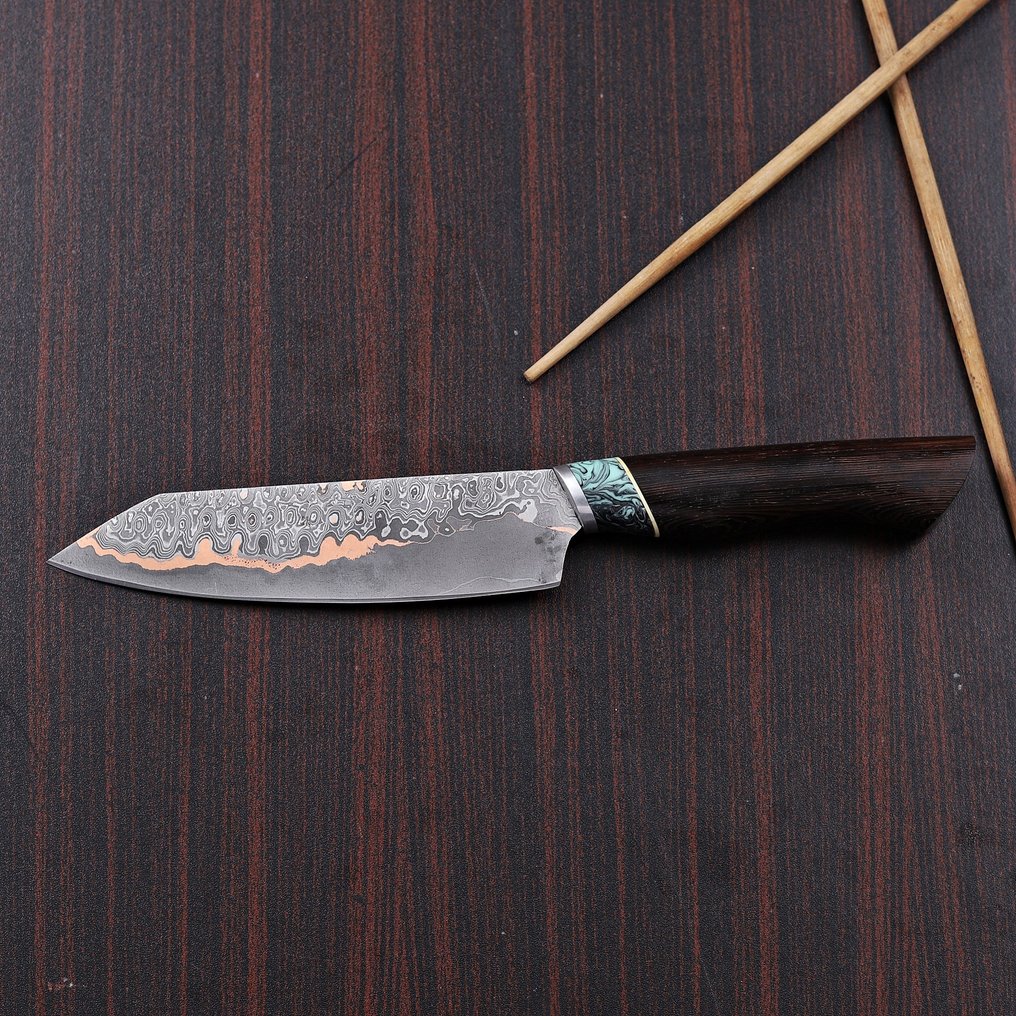 Handcrafted Steel Kitchen Knife with Copper Core - 餐刀 - 铜, 木 - A106 #2.1