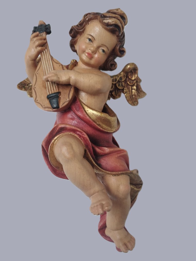 Σκάλισμα, Farbiger Engel mit Mandoline  - Schutzengel - Wandfigur - 18 cm - Ξύλο #3.2