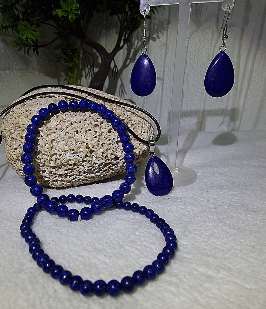 天然青金石首饰套装——吊坠项链、2条手链和耳环 珠宝- 26.8 g - (4) #1.0