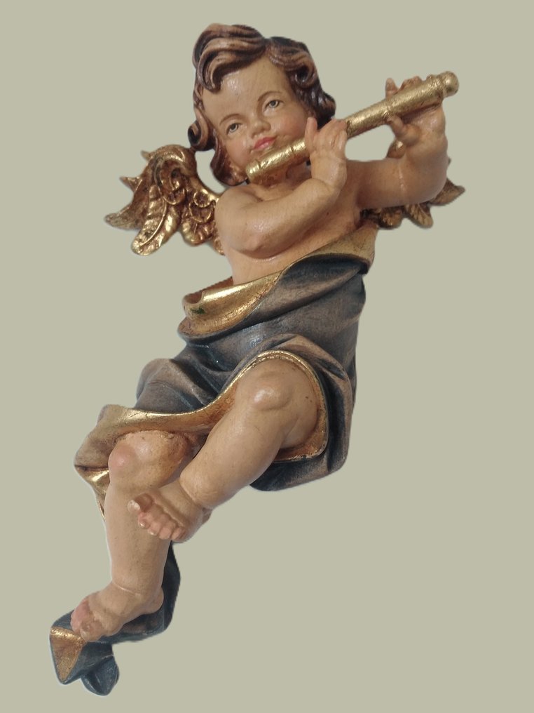 Intaglio, Farbiger Engel mit Querflöte - Schutzengel - Wandfigur - 18 cm - Legno #2.1