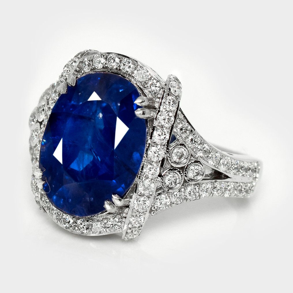 χωρίς τιμή ασφαλείας - Δαχτυλίδι - 14 καράτια Λευκός χρυσός, IGI 8.24 ct Έντονο Βαθύ Μπλε -  9.31ct. tw. Ζαφείρι - Διαμάντι #2.1