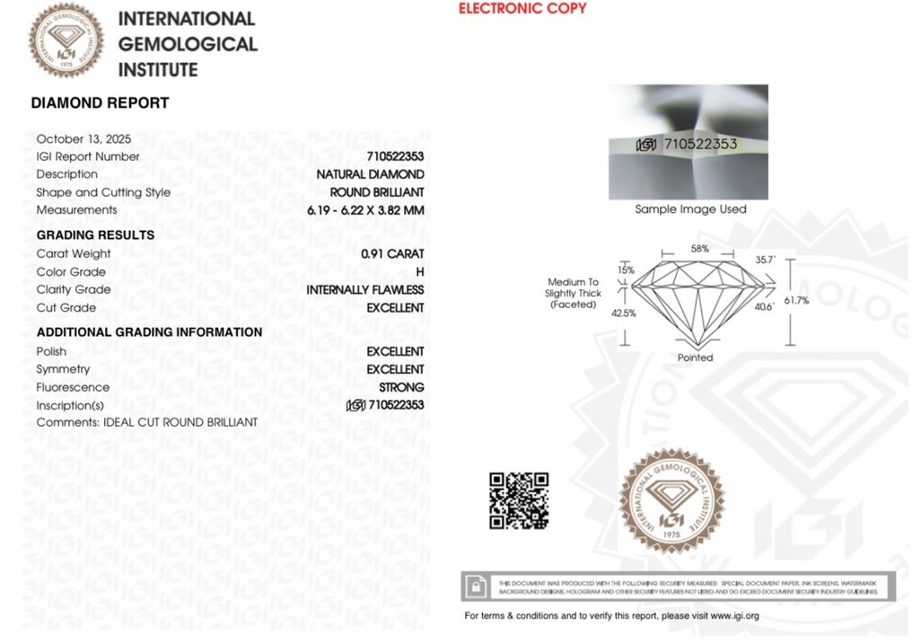 沒有保留價 - 1 pcs 鑽石  (天然)  - 0.91 ct - 圓形 - H(次於白色的有色鑽石) - IF - 國際寶石學院（International Gemological Institute (IGI)） - Ex Ex Ex #4.3