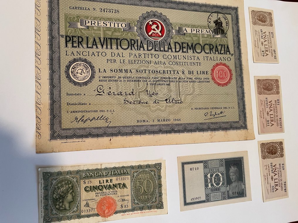 意大利. - 5 banconote + 100 Lire Prestito per la Vittoria della Democrazia  (没有保留价) #1.0