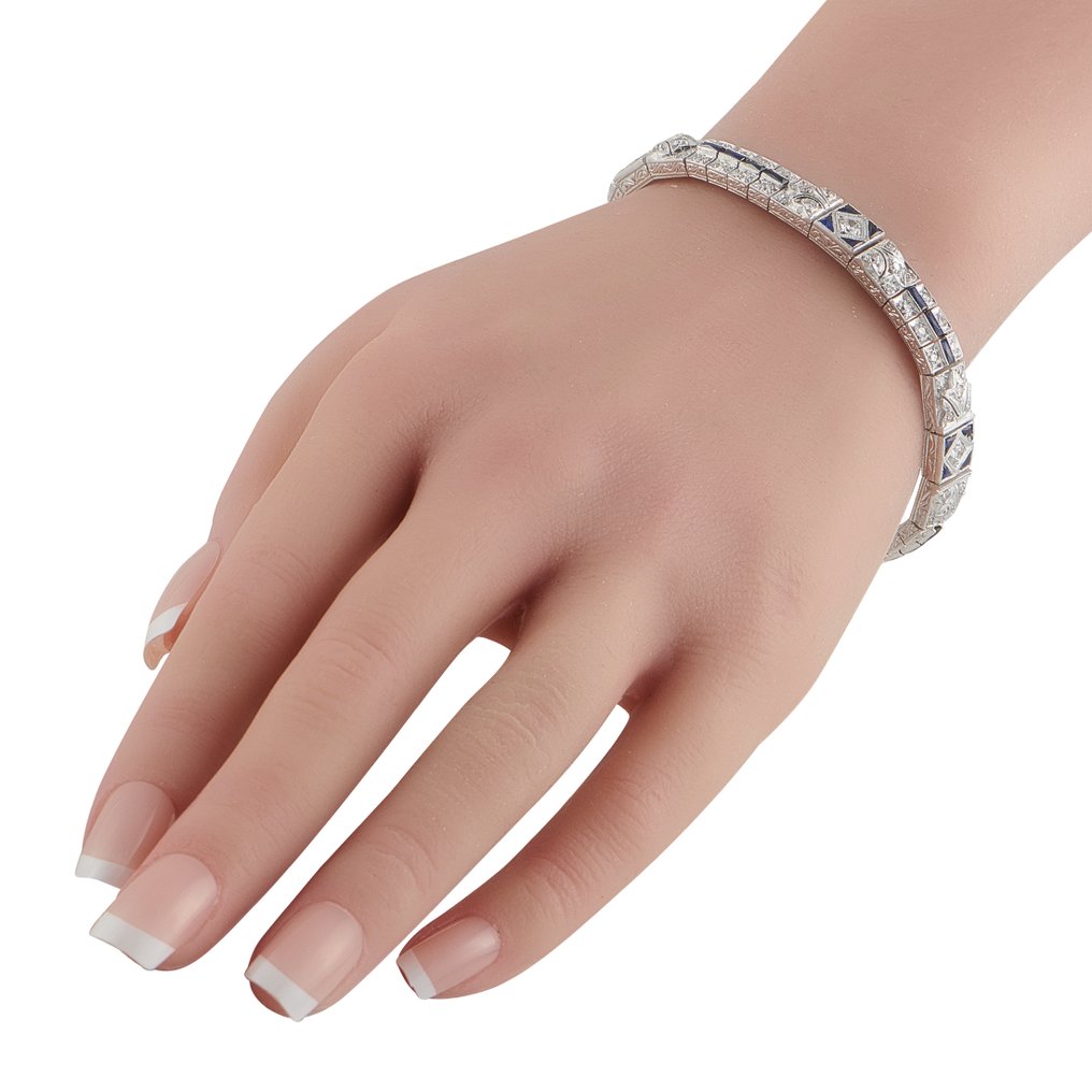 手镯 Art Deco 白金 2.70克拉钻石与 4.50克拉蓝宝石手链, 白金 钻石 (天然)  - 蓝宝石 #2.1