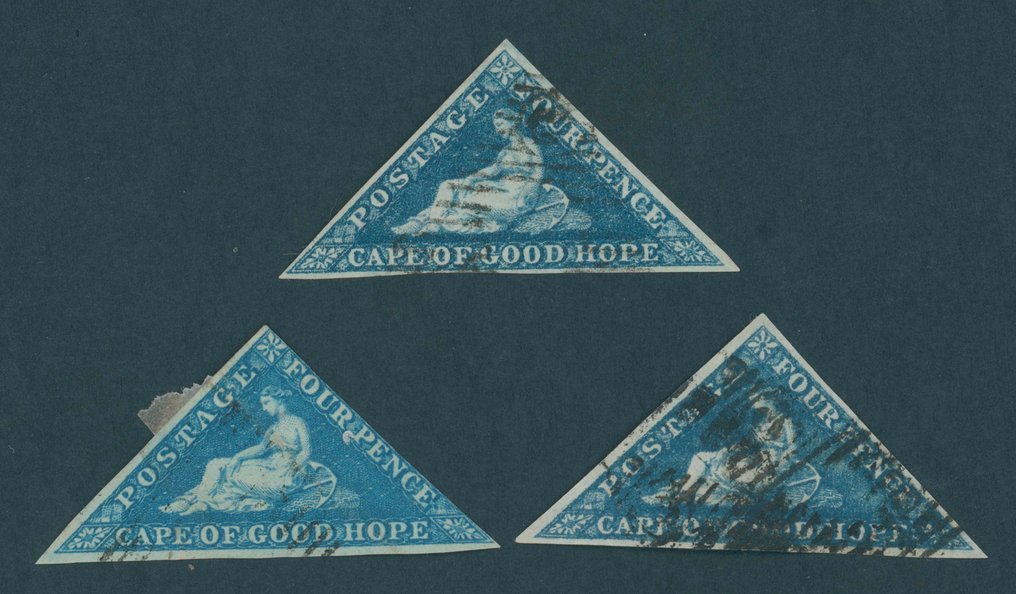 好望角 1853 - 一批3枚盖有邮戳的2 P 蓝色邮票，保存完好，Mi.Nr. 2 #1.0