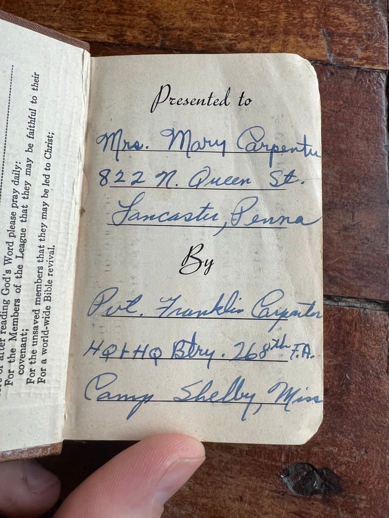 US Army WW2 lommebibel tildelt til US Army-soldat fra 268th Field Artillery; Holland; Ardennerne - Militærudstyr - 1941 #2.1