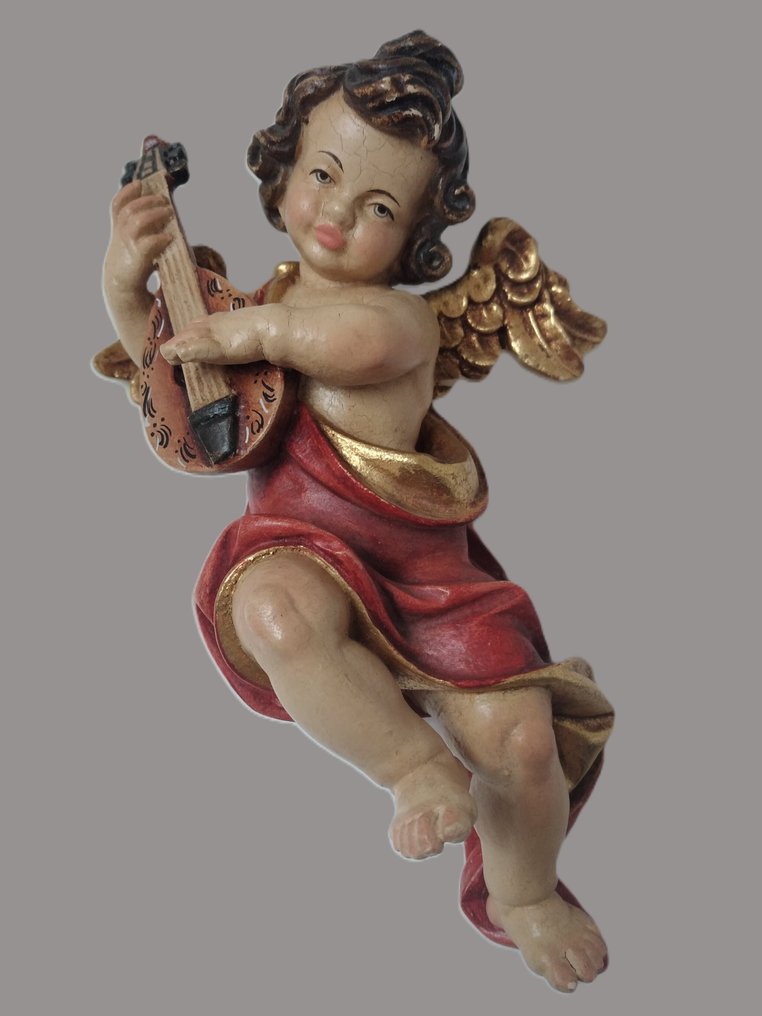 Σκάλισμα, Farbiger Engel mit Mandoline - Schutzengel - Wandfigur - 18 cm - Ξύλο #2.1