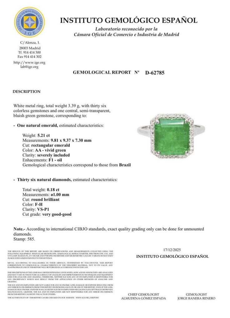 没有保留价 - 戒指 - 14K包金 白金 -  5.39ct. tw. 祖母绿 - 钻石 #3.2