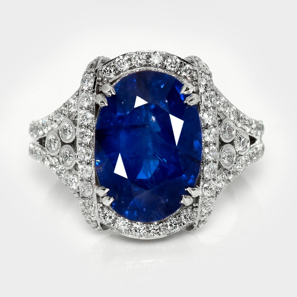 χωρίς τιμή ασφαλείας - Δαχτυλίδι - 14 καράτια Λευκός χρυσός, IGI 8.24 ct Έντονο Βαθύ Μπλε -  9.31ct. tw. Ζαφείρι - Διαμάντι #1.0