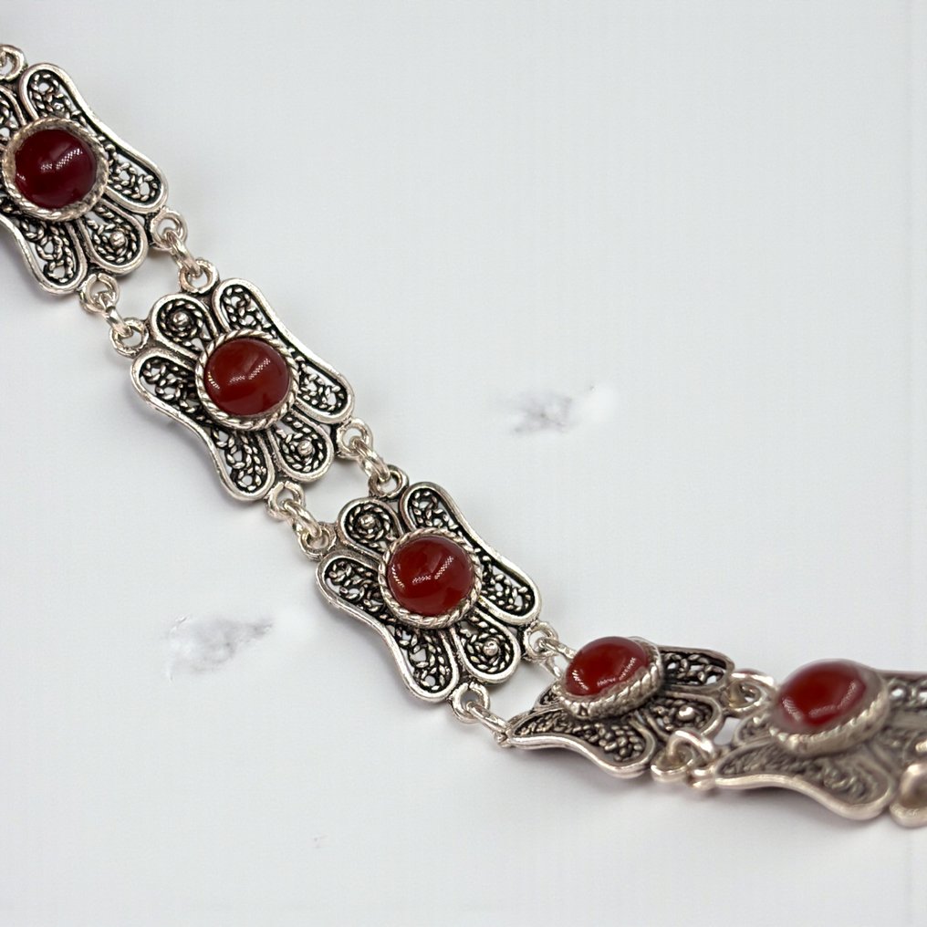 红玉髓 - 银 - 手镯 - 奥斯曼风格金银丝镶嵌手链 #1.0