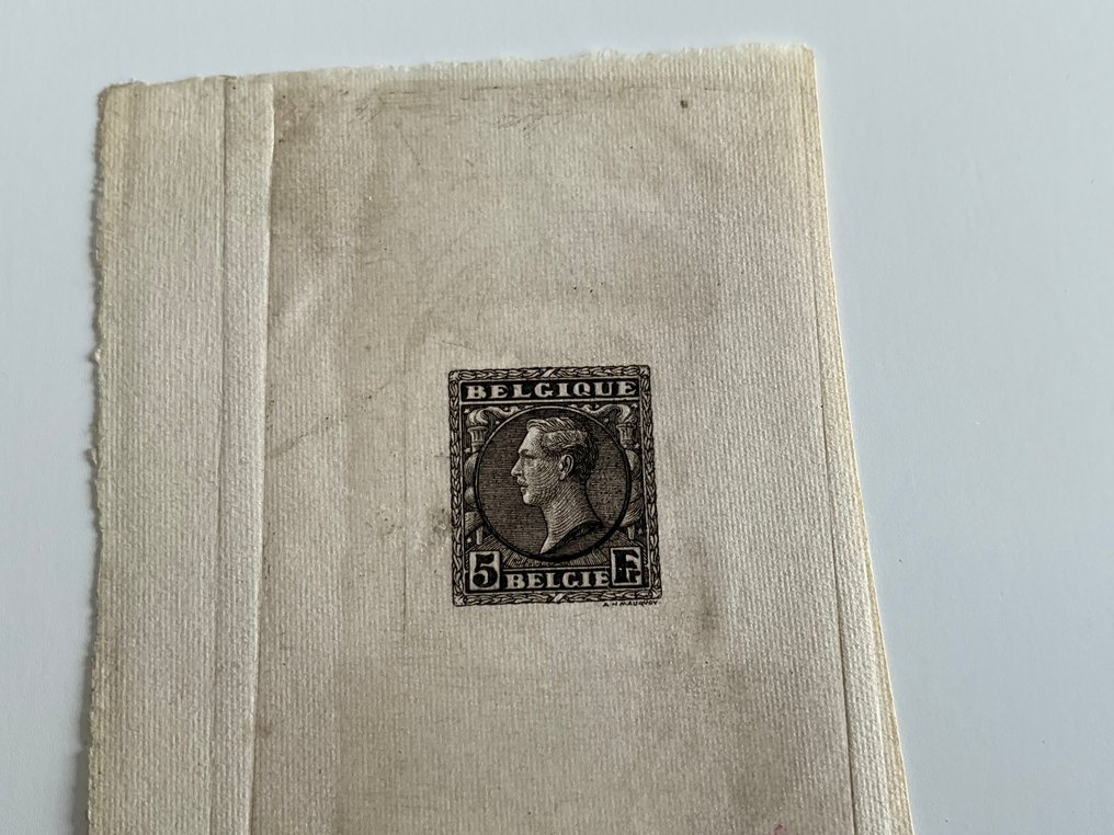 Belgio 1928 - Albert 1 - Prova di moneta da 5 franchi MAUCQUOY su piccolo foglietto. #3.2