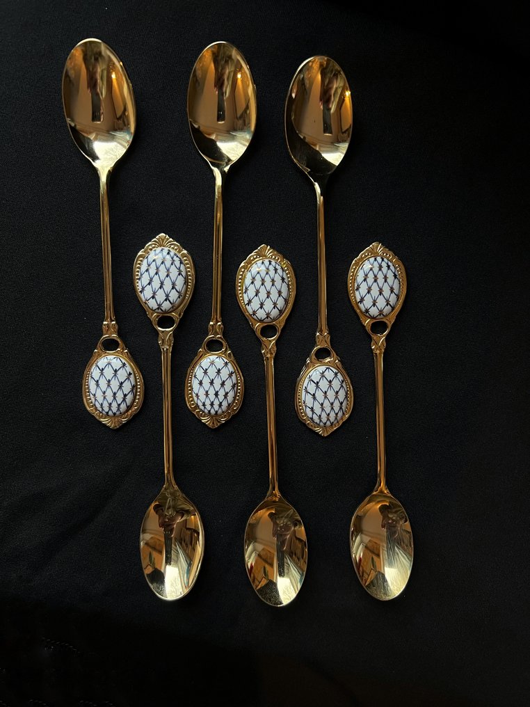 Lomonosov Imperial Porcelain - 茶匙 - 6 茶匙镀金钴网 22 克拉黄金 - 瓷, 金属, 镀金 - 非常罕见！ #1.0