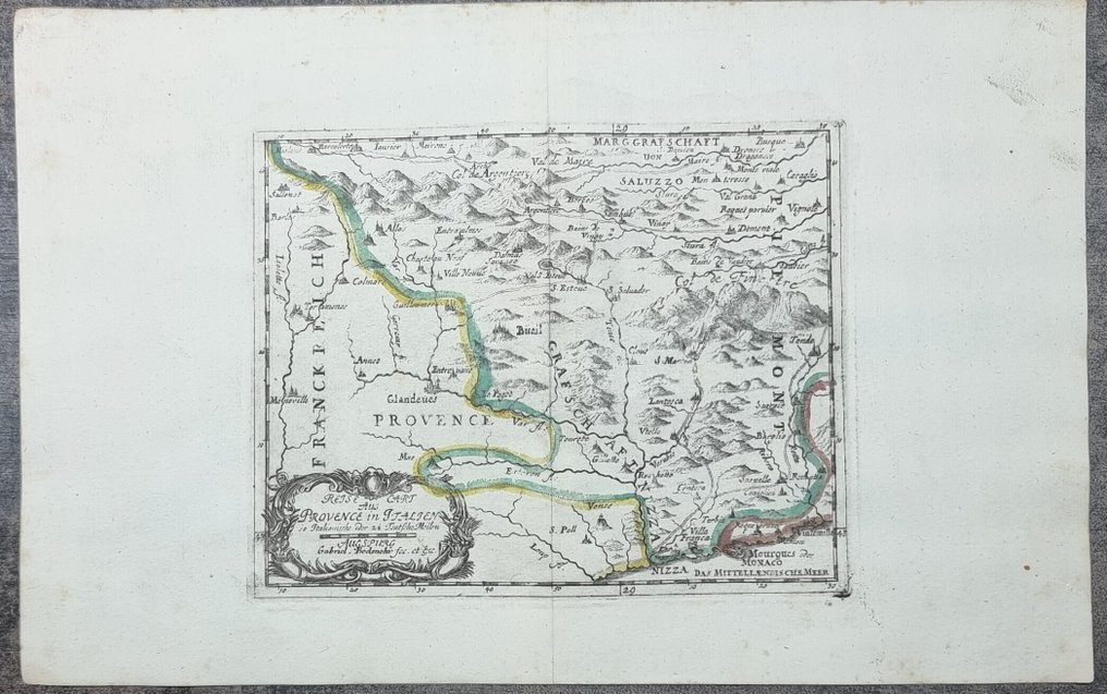 Włochy - Prowansja, Nicea, Monako i zachodnia część Piemontu.; BODENEHR Gabriel (1664-1758), Augusta [ca 1704] - "Reyse Cart aus Provence in Italien" - 1701-1720 #1.0