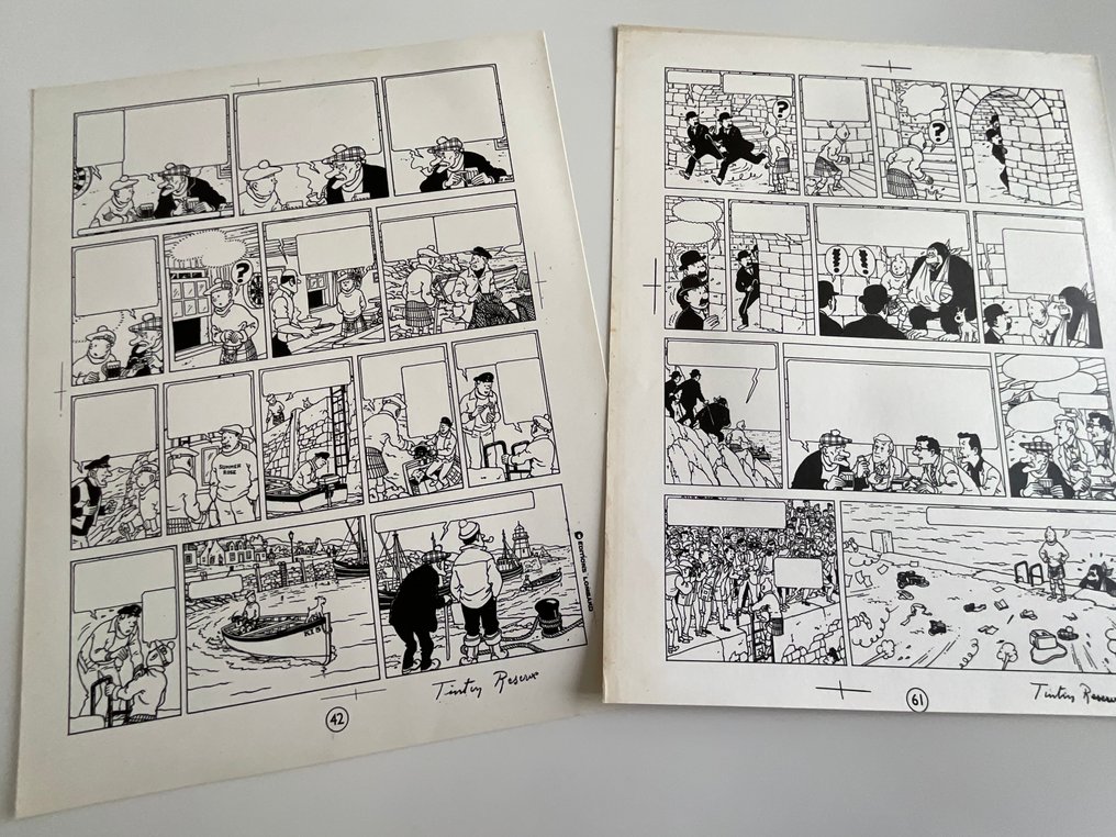 Hergé - 2 Print - Tintin - L île Noire  - 2 Planches imprimées - verso blanc- Lombard - sans les textes- #1.0