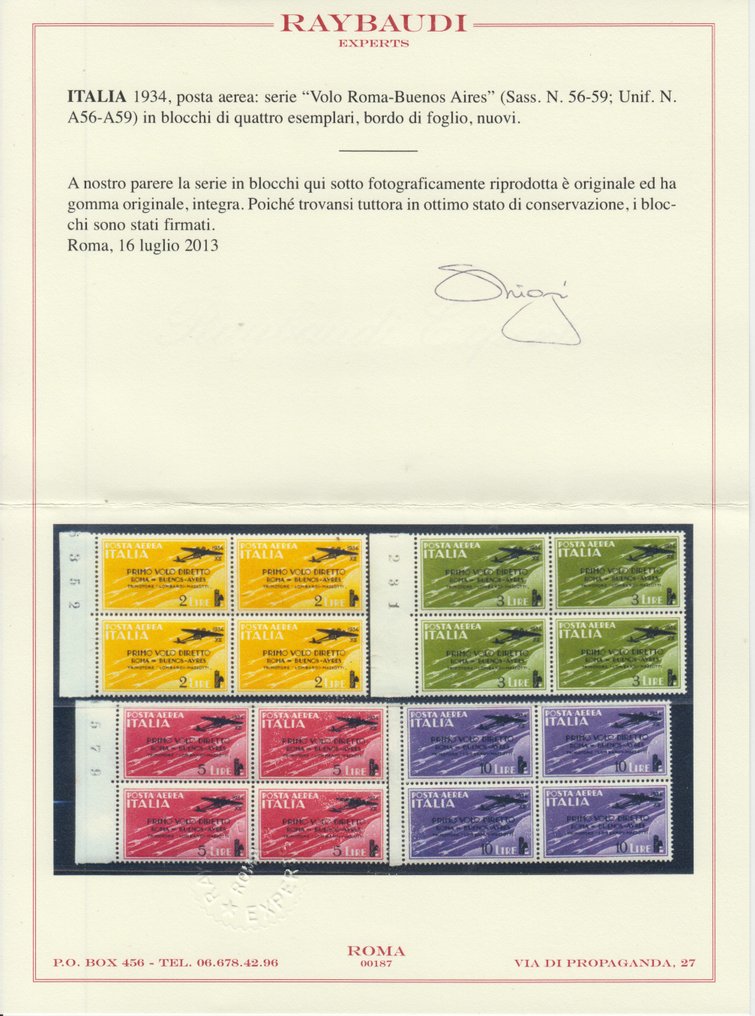 義大利王國 1934 - 1934年完整系列，罗马飞往布宜诺斯艾利斯，邮票编号56-59，Mnh，四方连，非常漂亮！ #1.0