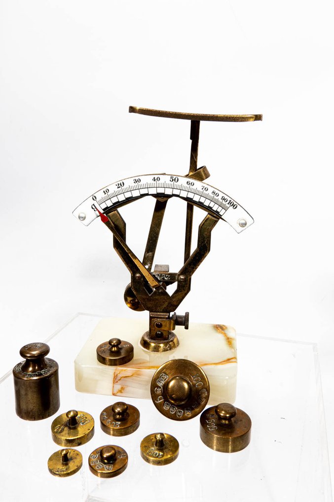 $$$ Sammlerstück $$$ alte Waage / unbekannt - Ζυγαριά - Μάρμαρο, Μέταλλο - με 9 βάρη (ορείχαλκος) #4.3