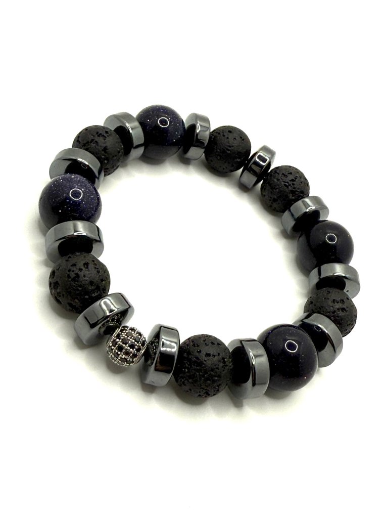 Unico - Sable spatial - Agate bleu foncé - Lave vulcanique - Hématite - Argent 925 - Bracelet - Certificat d'authenticité #1.0