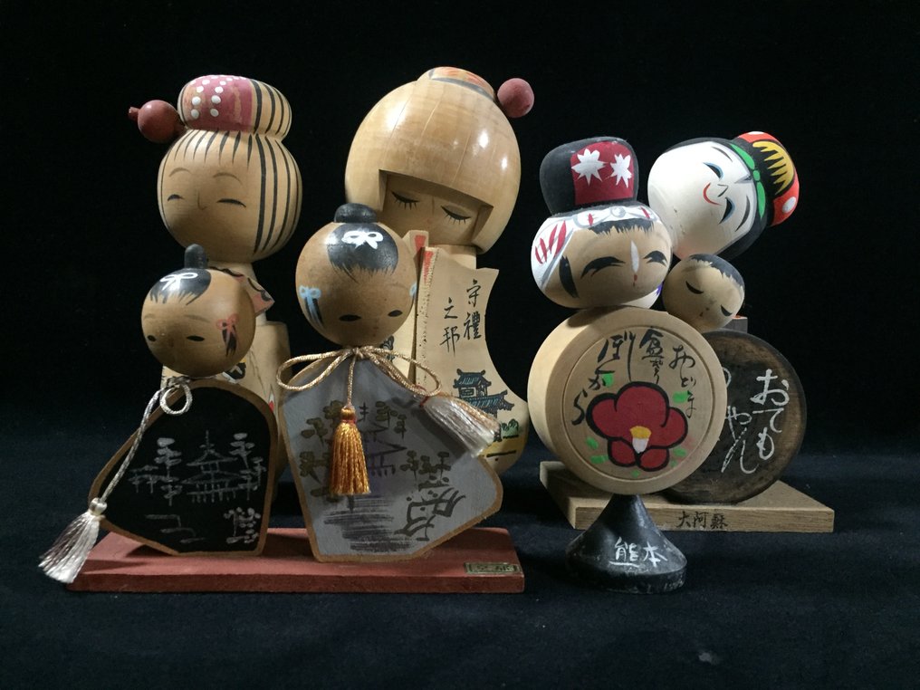 五件套日本复古木制小木偶（高：11-17厘米） - 木 - 日本 - 昭和年代(1926-1989) #1.0