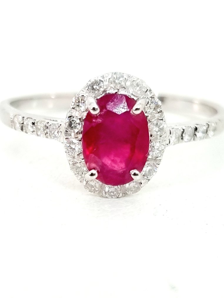 戒指 - 18 克拉 白金 紅寶石 - 鉆石 #1.0