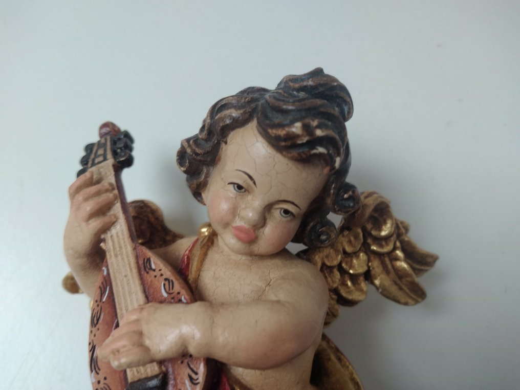 Σκάλισμα, Farbiger Engel mit Mandoline - Schutzengel - Wandfigur - 18 cm - Ξύλο #4.3