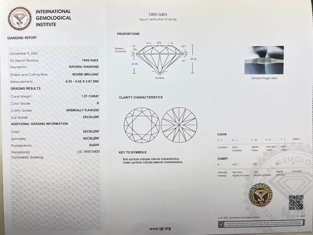 χωρίς τιμή ασφαλείας - 1 pcs Διαμάντι  (Φυσικό)  - 1.01 ct - Στρογγυλό - D (άχρωμο) - IF - International Gemological Institute (IGI) #3.2