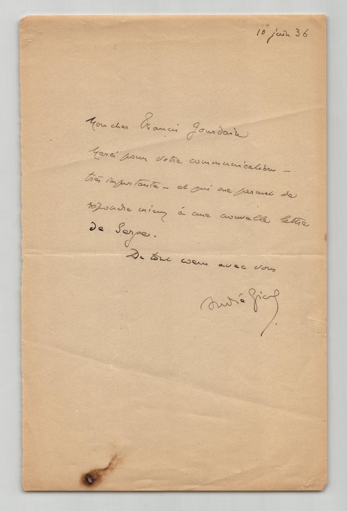 André Gide, Prix Nobel - Lettre autographe signée à Francis Jourdain - URSS, Front Populaire - Serge - 1936 #1.0