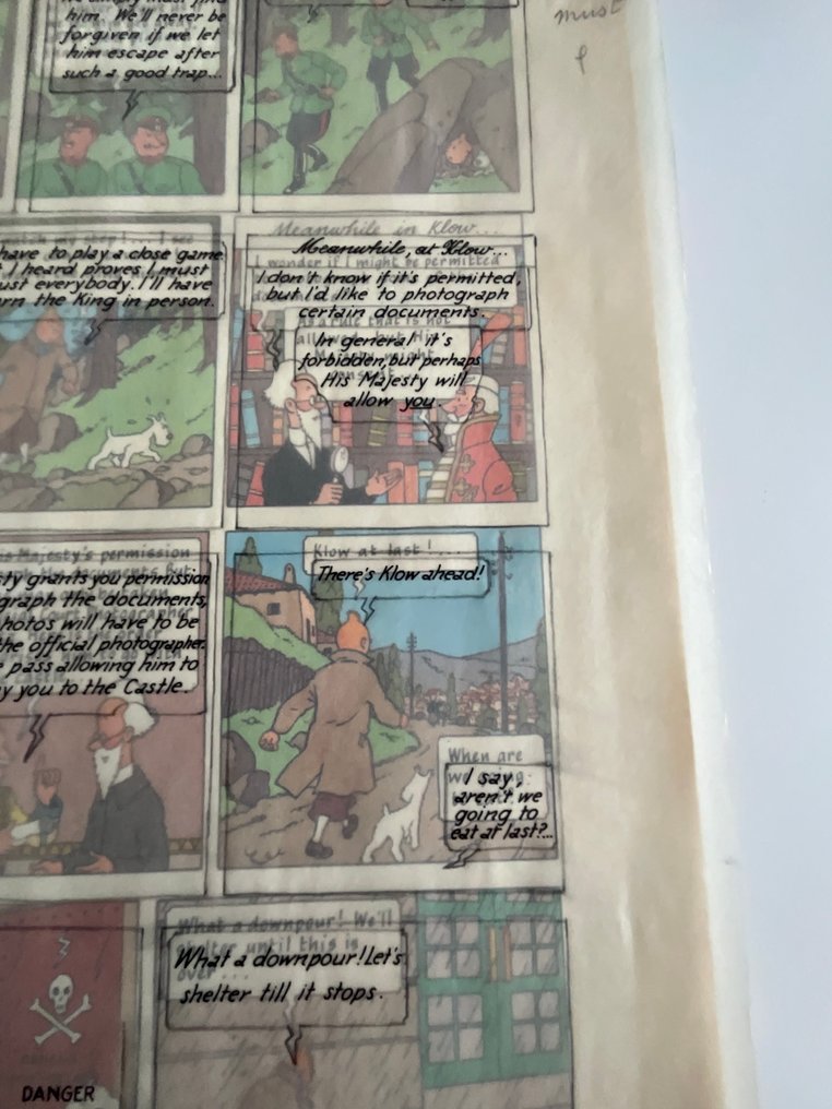 Hergé - Making Of page 33 - texte manuscrit sur calque et page correspondante METHUEN. #3.2