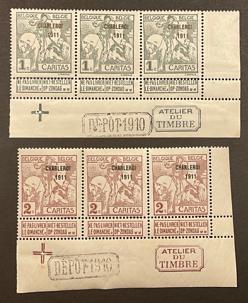 Βέλγιο 1910/1911 - Caritas «Charleroi 1911» - Ολόκληρη σειρά σε σελίδα με φύλλο και σφραγίδα αποθήκευσης - μετά την - OBP/COB 100/07 #1.0