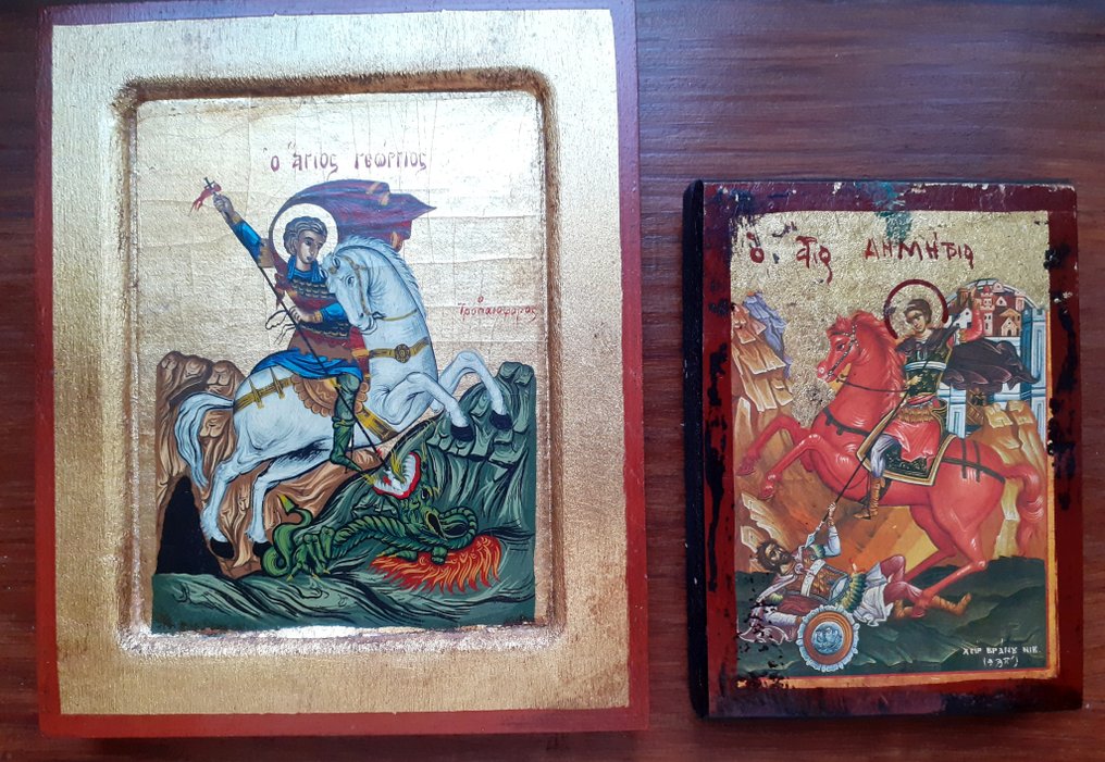 Εικόνα - Γεώργιος ο Δρακοκτόνος, Δημήτριος της Θεσσαλονίκης - Gold leaf, Walnut - Δύο ελληνικές εικονίδες. #4.3