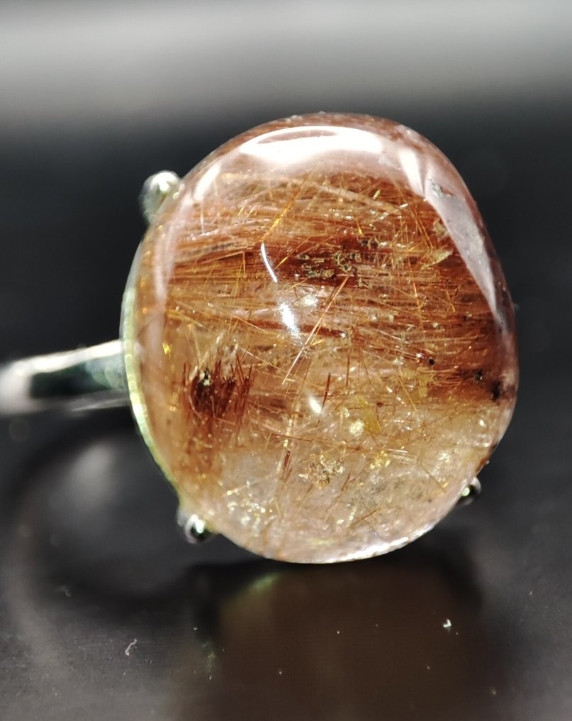 Χωρίς τιμή εκχώρησης. Όμορφο σπάνιο φυσικό δαχτυλίδι με χαλαζία Rutilated σε χρυσό χρώμα, 925 ασήμι. - Δαχτυλίδι #3.2