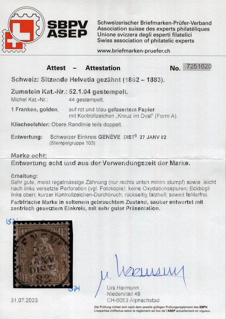 Svizzera 1850 - CH - Sitz. Helvetia - Zst. Nr. 52.1.04 Timbro completo e attestato #1.0