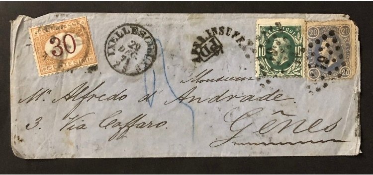 比利時 1870/1871 - 比利时 20+10 分 1871 年 布鲁塞尔征收 30 分 意大利 热那亚 稀有 #1.0