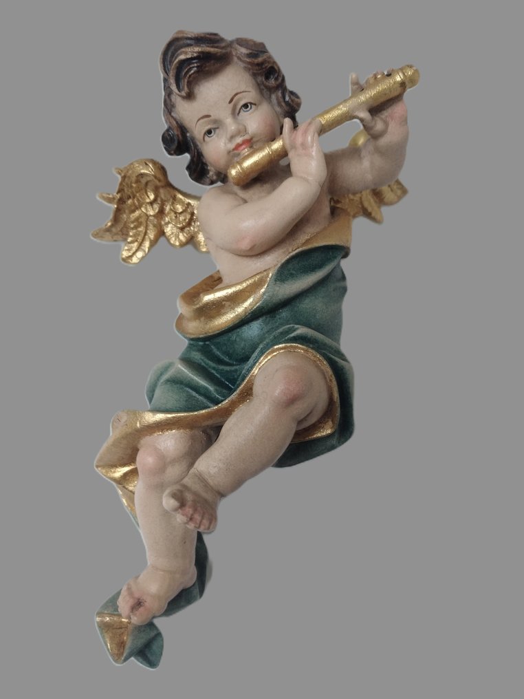 Σκάλισμα, Farbiger Engel mit Querflöte - Schutzengel - Wandfigur - 18 cm - Ξύλο #3.2