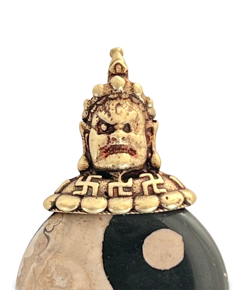 西藏黄铜镶嵌古玛瑙Dzi手工雕刻*佛陀 - 阴阳*珠子吊坠 - 6.5厘米- 60 g #3.2