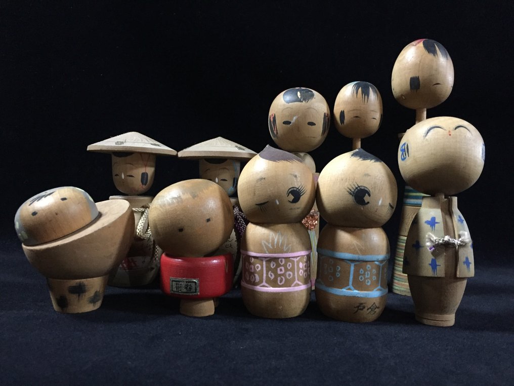 10件套日本复古木制小木偶（高：7-17厘米） - 木 - 日本 - 昭和年代(1926-1989) #1.0