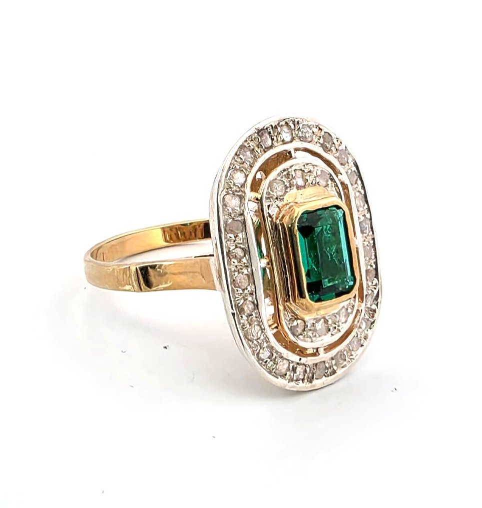 Ohne mindestpreis - Ring - 9 Kt Gelbgold, Silber Smaragd - Diamant #2.1