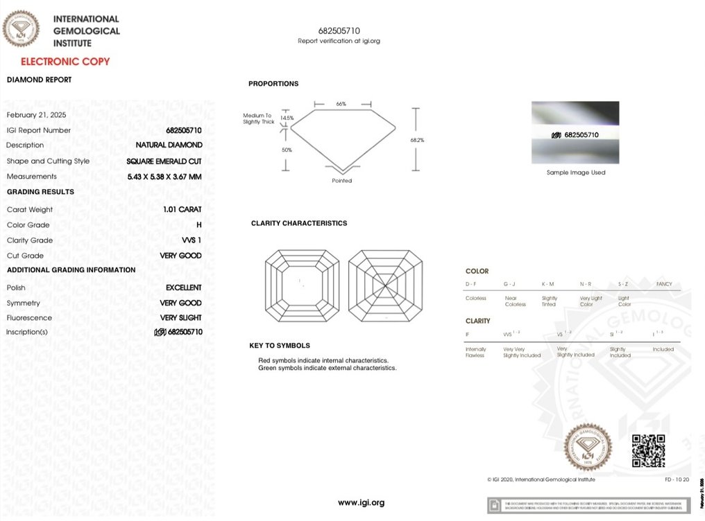 No reserve price - 1 pcs Diamond  (Natural)  - 1.01 ct - Emerald - H - VVS1 - International Gemological Institute (IGI) #4.3