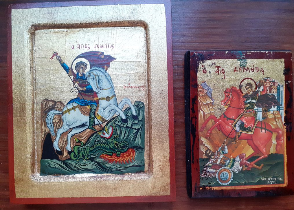 Εικόνα - Γεώργιος ο Δρακοκτόνος, Δημήτριος της Θεσσαλονίκης - Gold leaf, Walnut - Δύο ελληνικές εικονίδες. #3.2