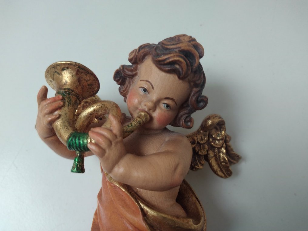 Σκάλισμα, Farbiger Engel mit Horn  - Schutzengel - Wandfigur - 18 cm - Ξύλο #4.3
