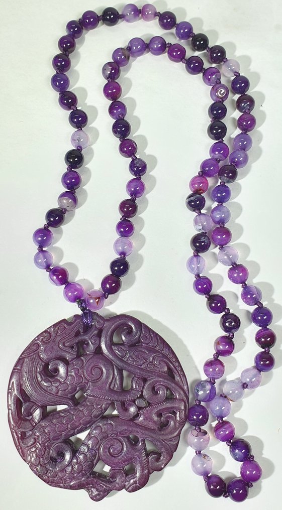 紫色玛瑙和藏族保护护符——龙与凤凰——促进情侣之间的爱情 - 吊坠项链 #1.0