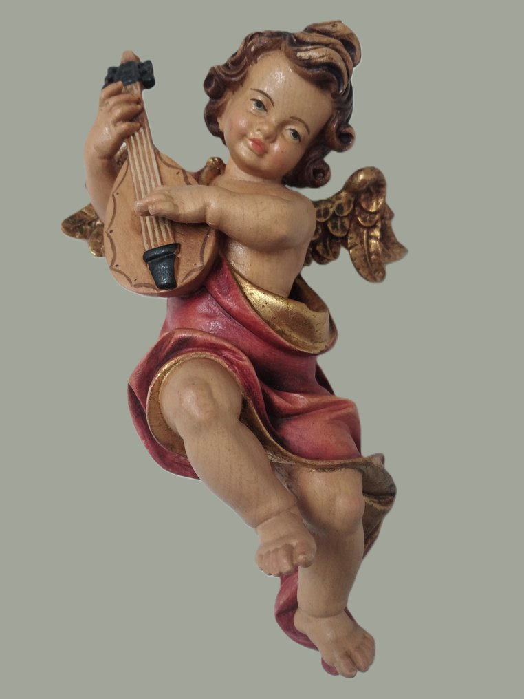 Σκάλισμα, Farbiger Engel mit Mandoline  - Schutzengel - Wandfigur - 18 cm - Ξύλο #2.1