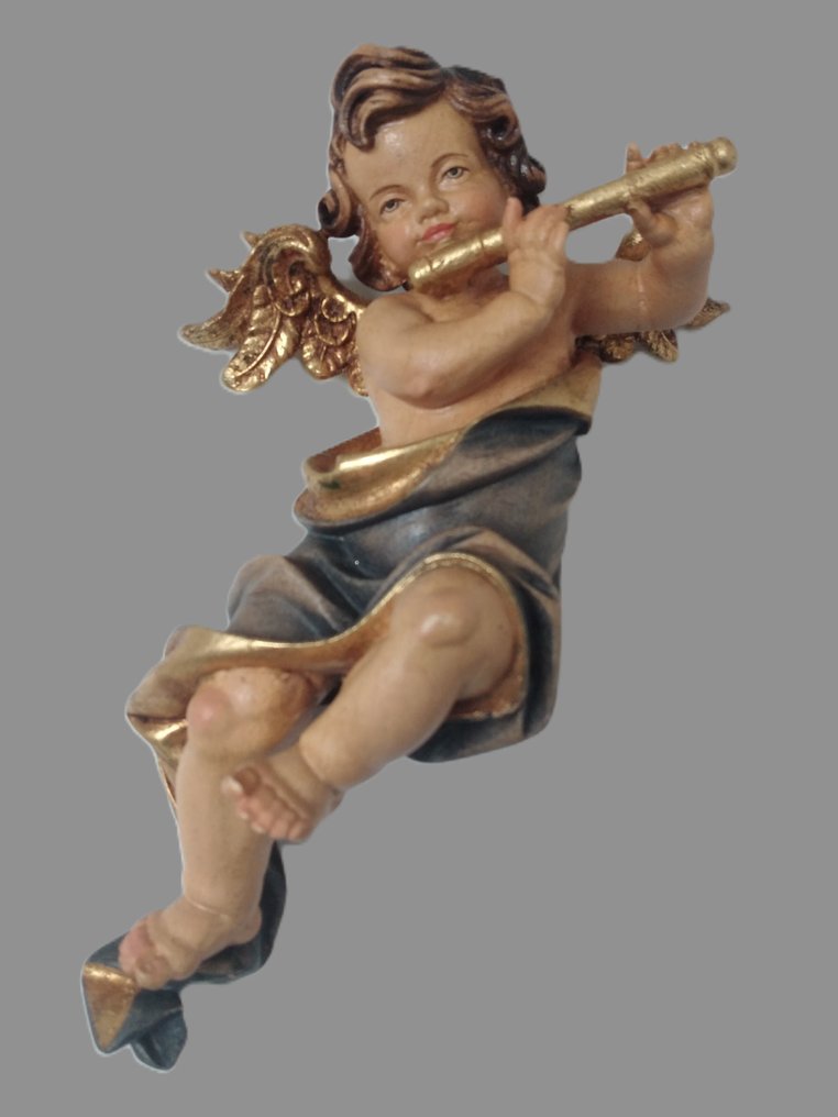 Intaglio, Farbiger Engel mit Querflöte - Schutzengel - Wandfigur - 18 cm - Legno #1.0