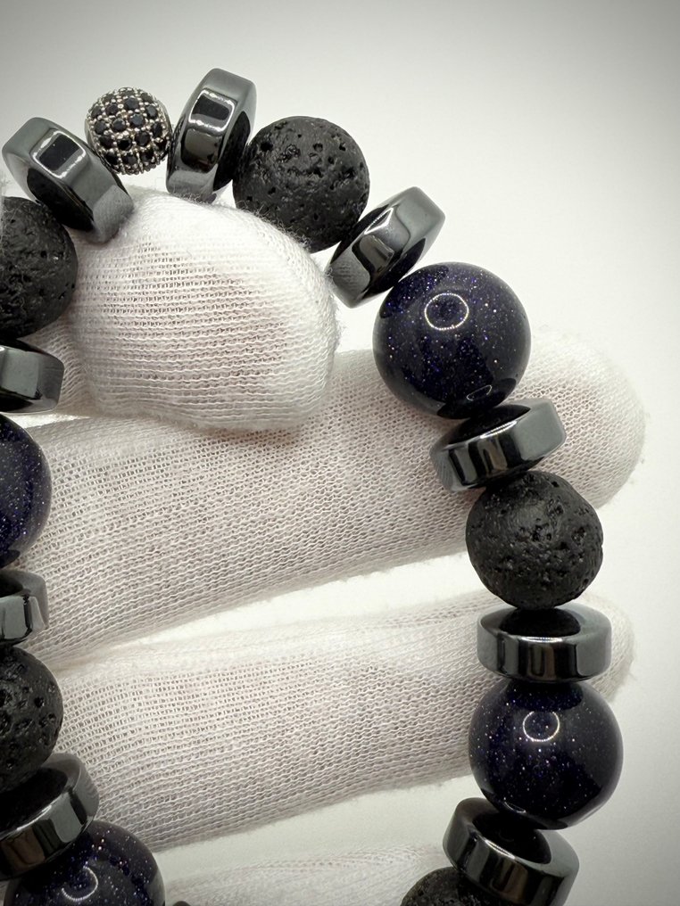 Unico - Sable spatial - Agate bleu foncé - Lave vulcanique - Hématite - Argent 925 - Bracelet - Certificat d'authenticité #1.0
