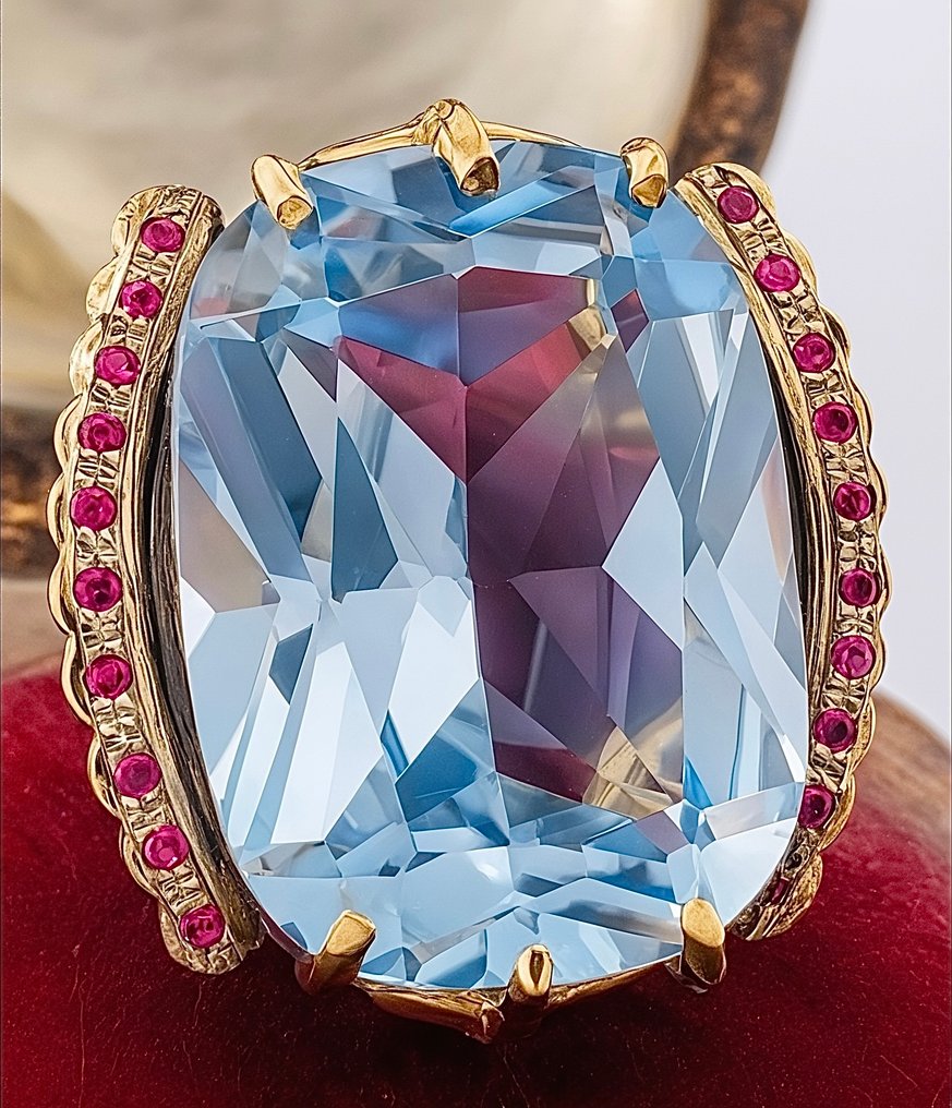 Ingen mindstepris - Ring - 9 kt. Gulguld, Sølv Akvamarin - Rubin #4.3